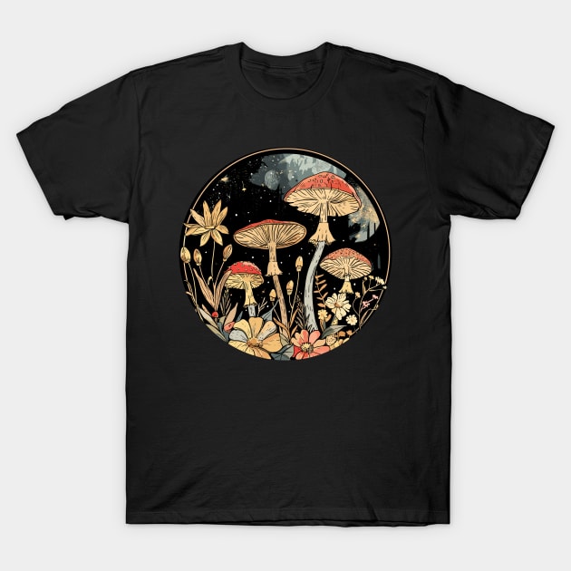 Botanical Cute Mushrooms And Flowers Garden Fairytale T-Shirt by RetroZin